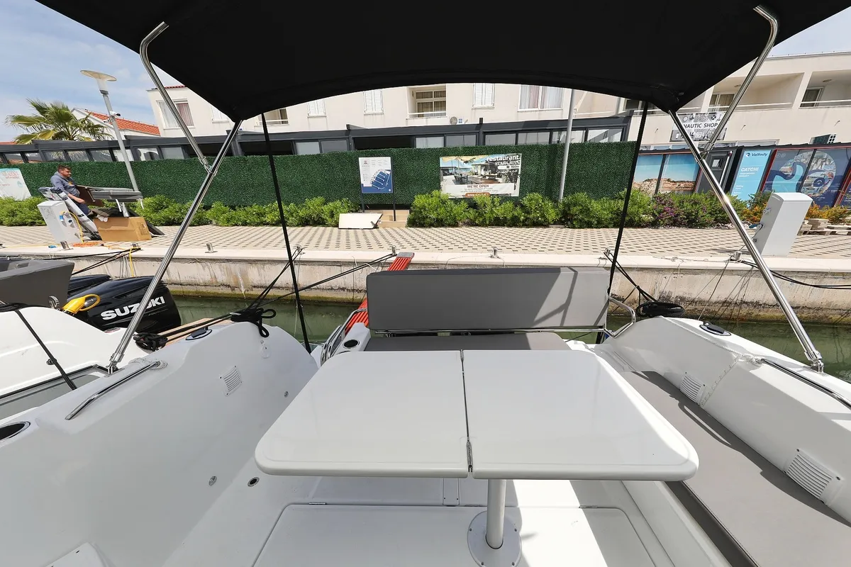 Deck of Aurora, a Beneteau Antares 9 OB motorboat at Pirovac, Croatia