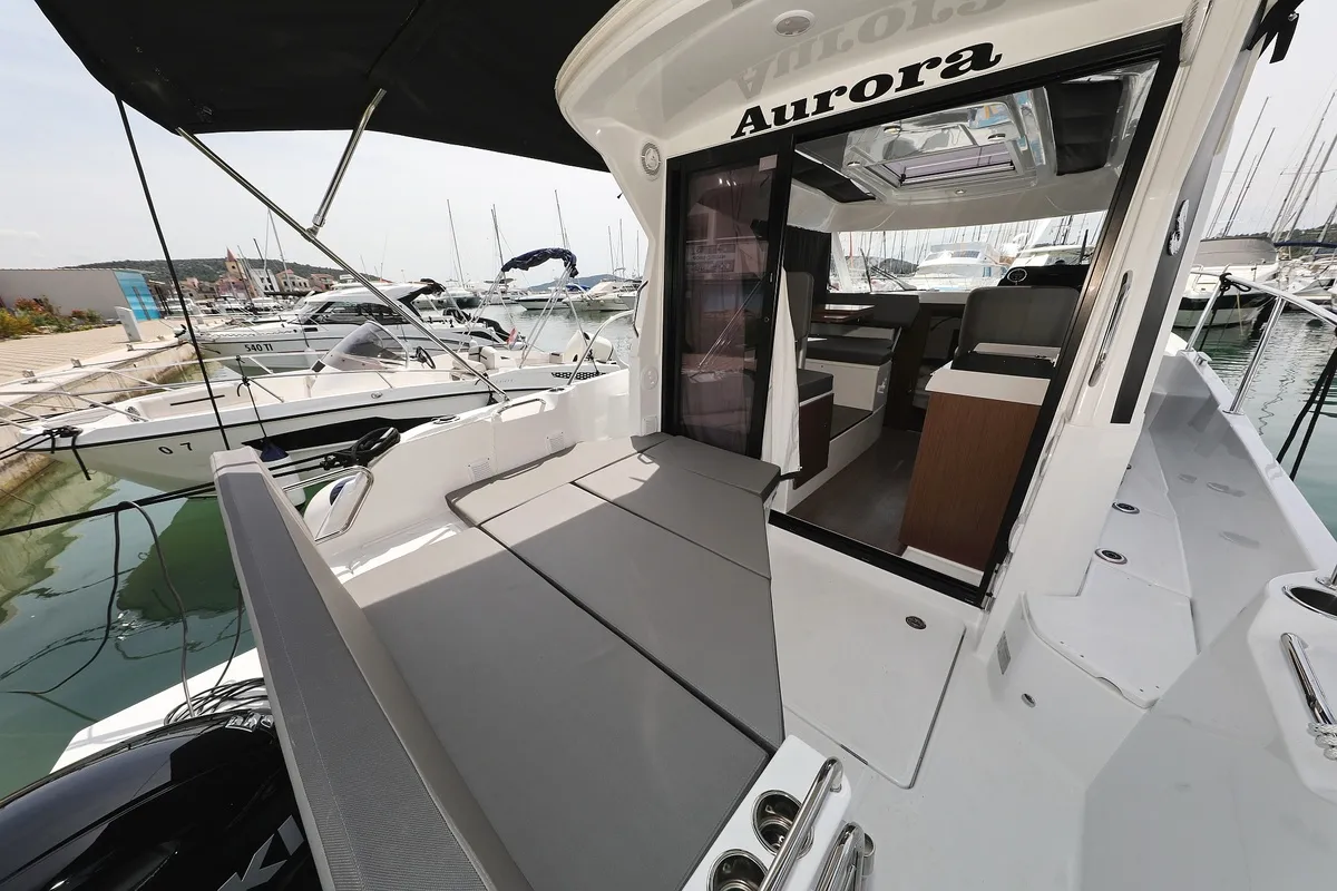 Deck of Aurora, a Beneteau Antares 9 OB motorboat at Pirovac, Croatia