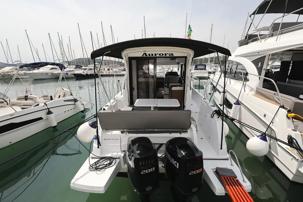 Exterior view of Aurora, a Beneteau Antares 9 OB motorboat at Pirovac, Croatia