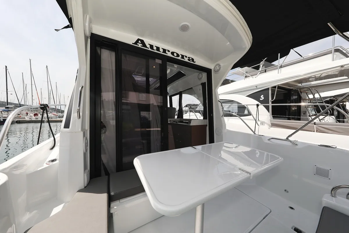 Deck of Aurora, a Beneteau Antares 9 OB motorboat at Pirovac, Croatia