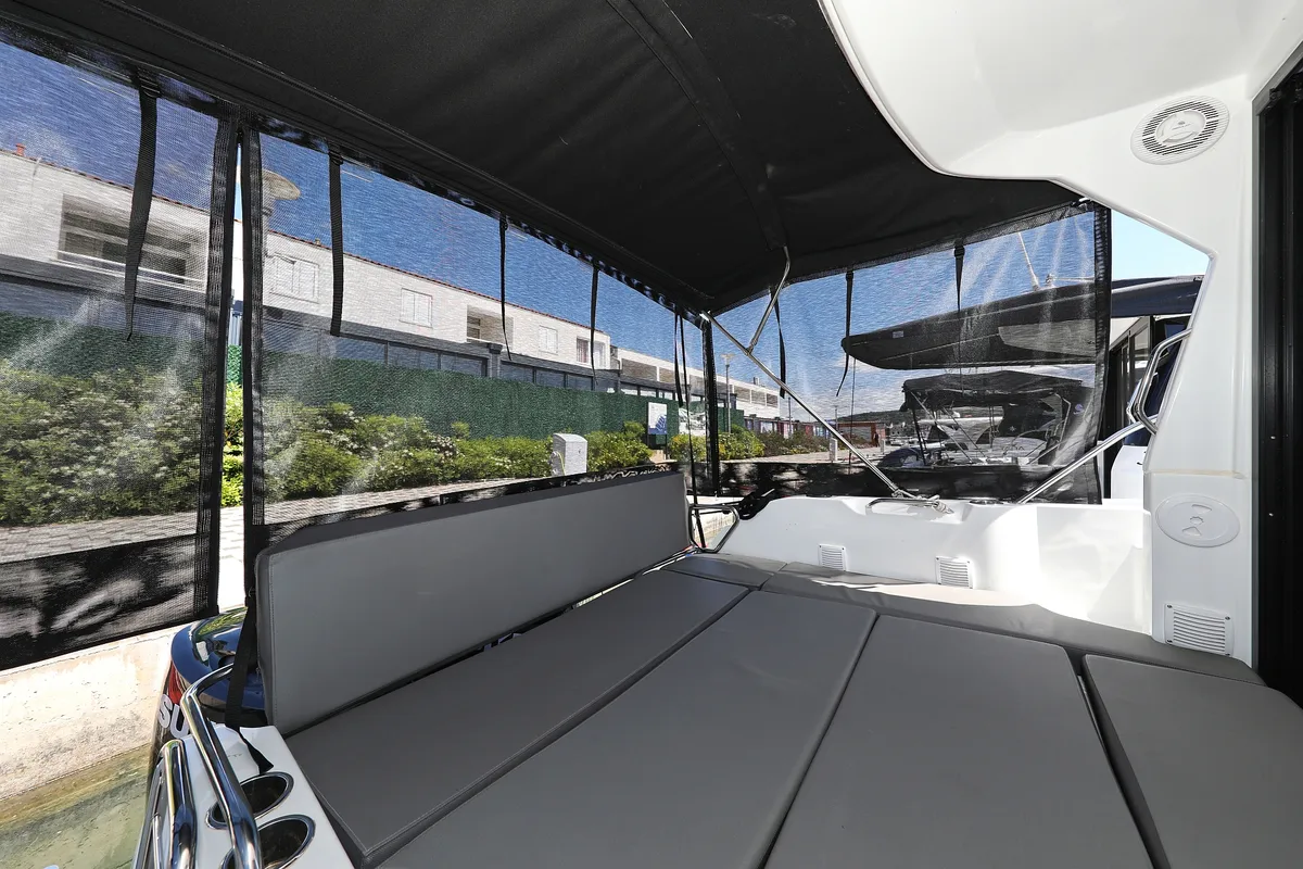 Deck of Aurora, a Beneteau Antares 9 OB motorboat at Pirovac, Croatia