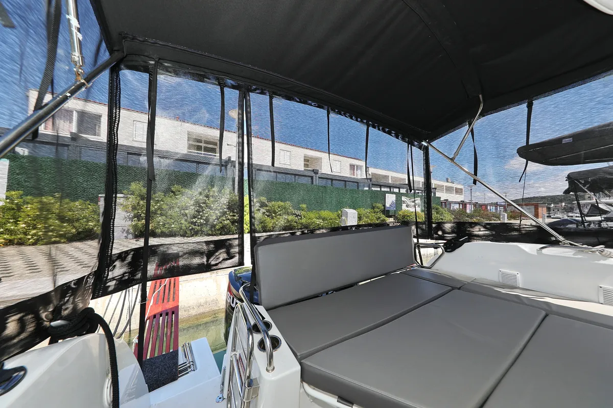 Deck of Aurora, a Beneteau Antares 9 OB motorboat at Pirovac, Croatia