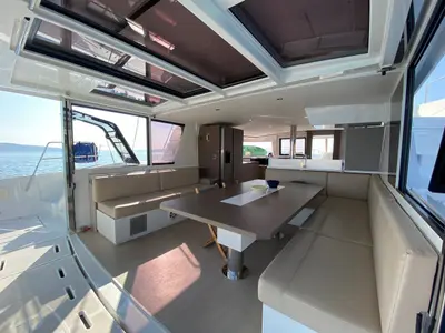 Salon of Baša, a Bali 4.8 catamaran at Grad Kaštela, Croatia
