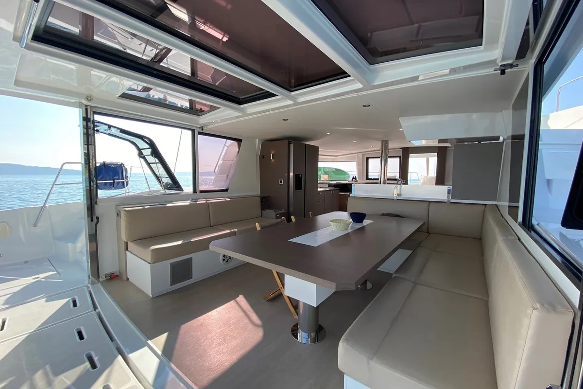 Salon of Baša, a Bali 4.8 catamaran at Grad Kaštela, Croatia