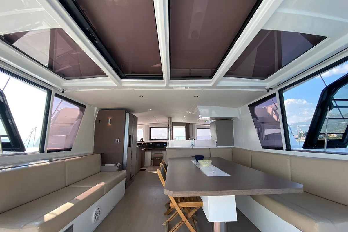 Salon of Baša, a Bali 4.8 catamaran at Grad Kaštela, Croatia