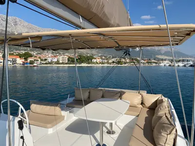 Deck of Baša, a Bali 4.8 catamaran at Grad Kaštela, Croatia