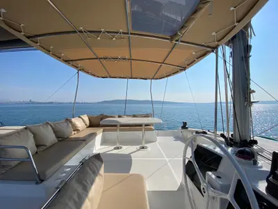 Cockpit of Baša, a Bali 4.8 catamaran at Grad Kaštela, Croatia