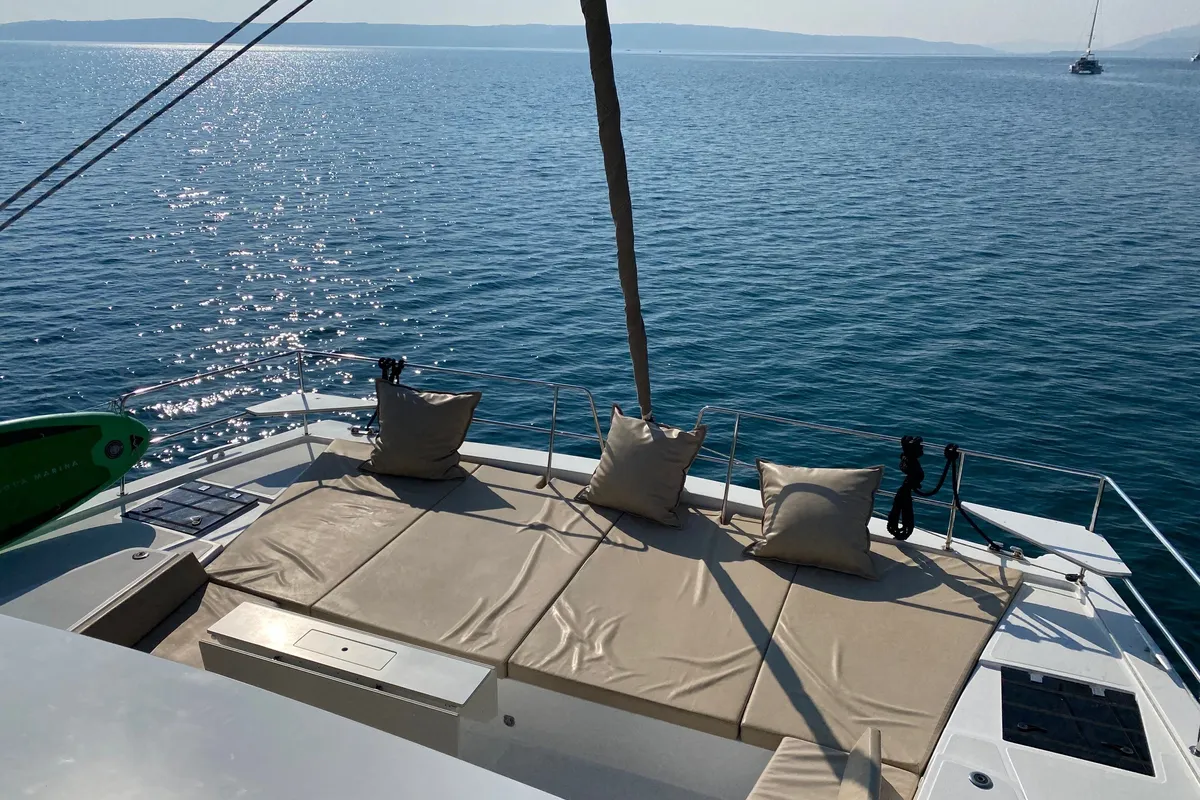 Deck of Baša, a Bali 4.8 catamaran at Grad Kaštela, Croatia