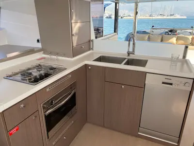 Galley of Baša, a Bali 4.8 catamaran at Grad Kaštela, Croatia