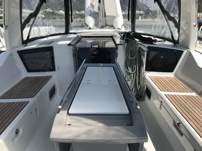 Cockpit of Vera, a Beneteau Oceanis 41.1 sailboat at Puntone di Scarlino, Italy
