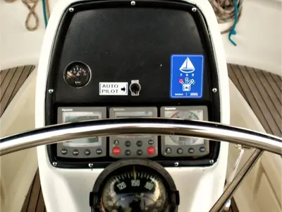 Cockpit of Planis, a Bavaria 39 Cruiser sailboat at Sami, Greece