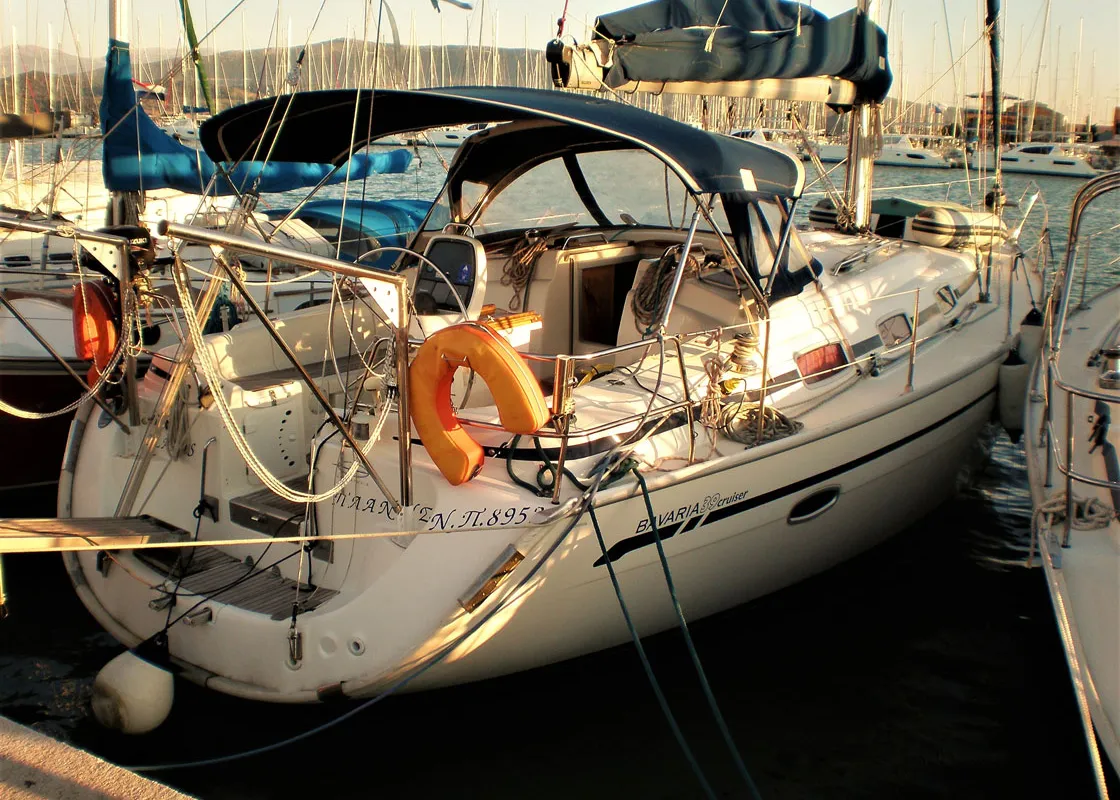 Exterior view of Planis, a Bavaria 39 Cruiser sailboat at Sami, Greece