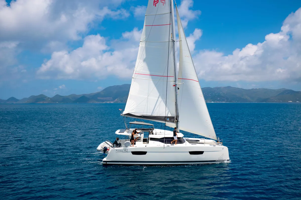 Exterior view of Pegasus, a Fountaine Pajot Astrea 42 catamaran at Road Town, British Virgin Islands
