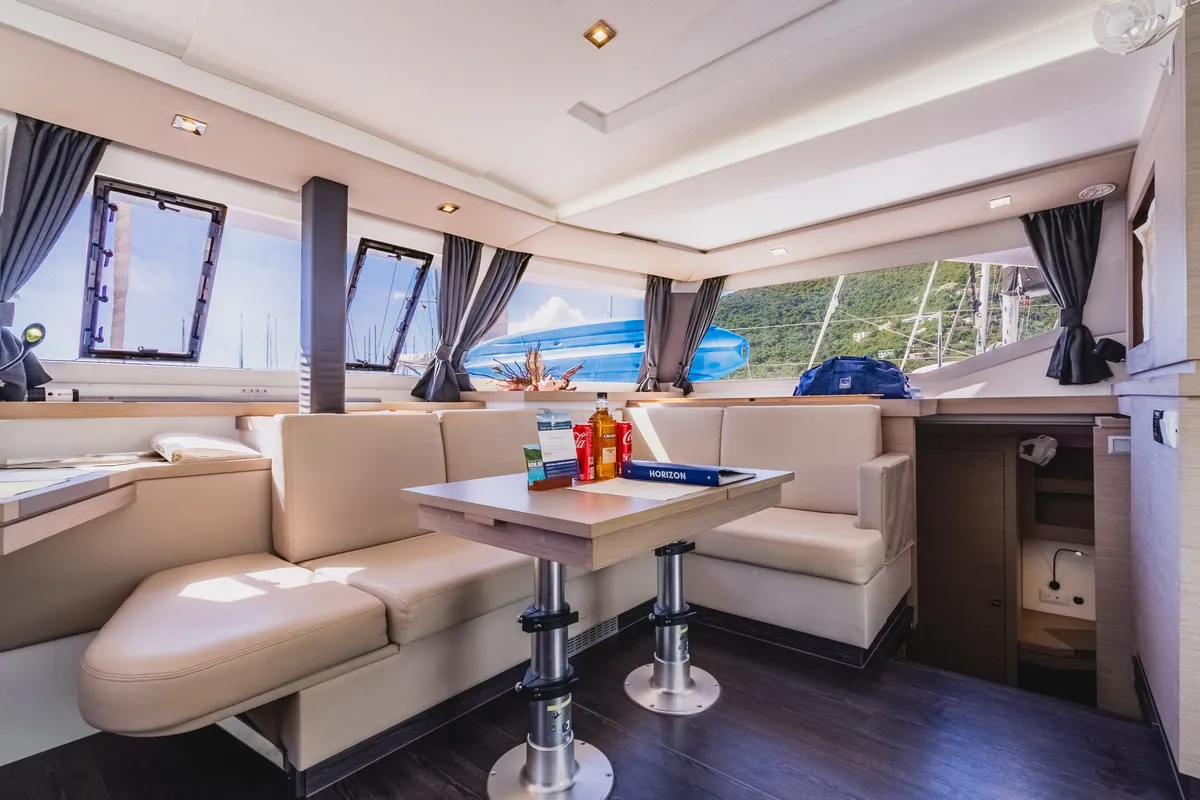 Salon of Pegasus, a Fountaine Pajot Astrea 42 catamaran at Road Town, British Virgin Islands