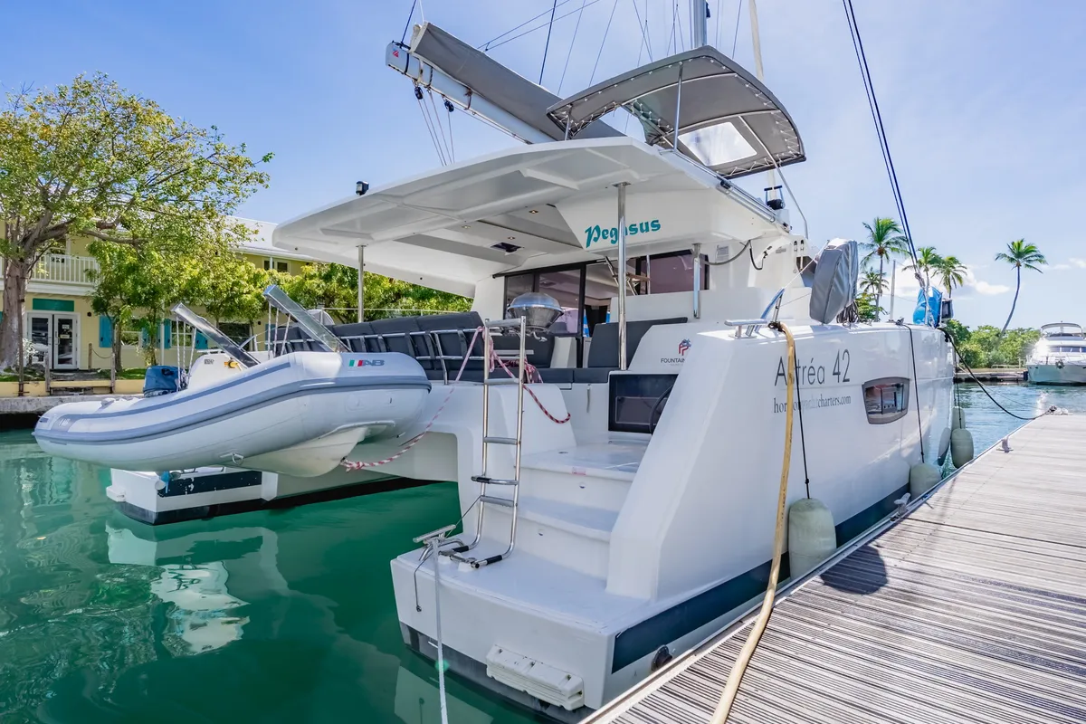 Exterior view of Pegasus, a Fountaine Pajot Astrea 42 catamaran at Road Town, British Virgin Islands