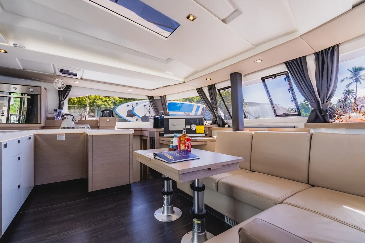 Salon of Pegasus, a Fountaine Pajot Astrea 42 catamaran at Road Town, British Virgin Islands