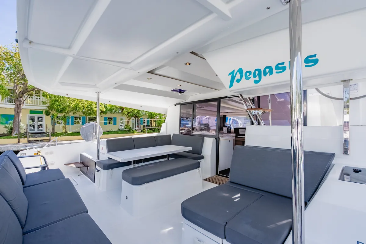 Deck of Pegasus, a Fountaine Pajot Astrea 42 catamaran at Road Town, British Virgin Islands