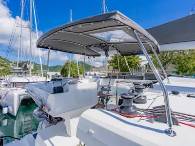 Cockpit of Pegasus, a Fountaine Pajot Astrea 42 catamaran at Road Town, British Virgin Islands
