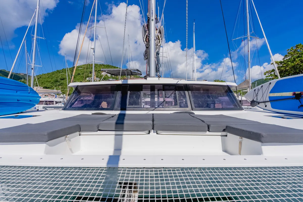 Deck of Pegasus, a Fountaine Pajot Astrea 42 catamaran at Road Town, British Virgin Islands