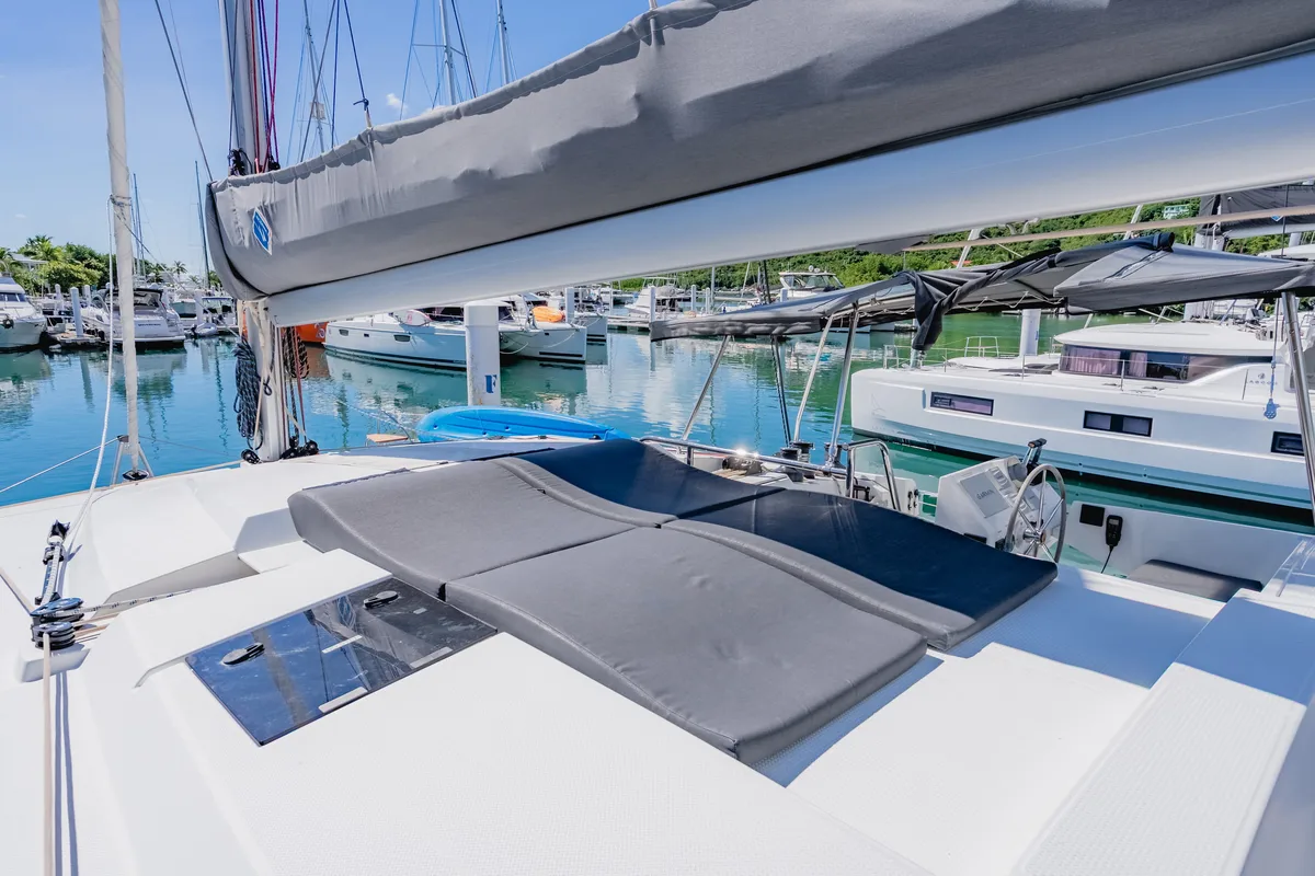 Deck of Pegasus, a Fountaine Pajot Astrea 42 catamaran at Road Town, British Virgin Islands