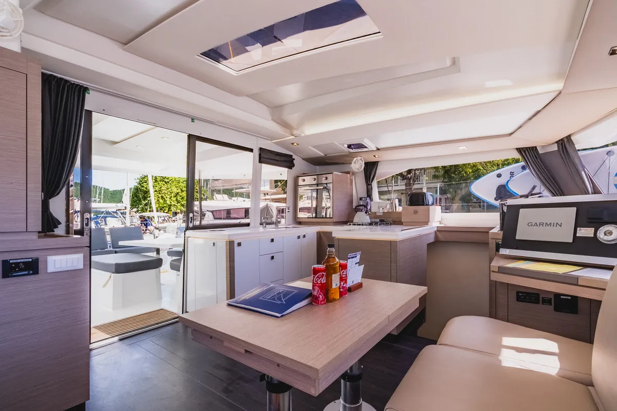 Salon of Pegasus, a Fountaine Pajot Astrea 42 catamaran at Road Town, British Virgin Islands