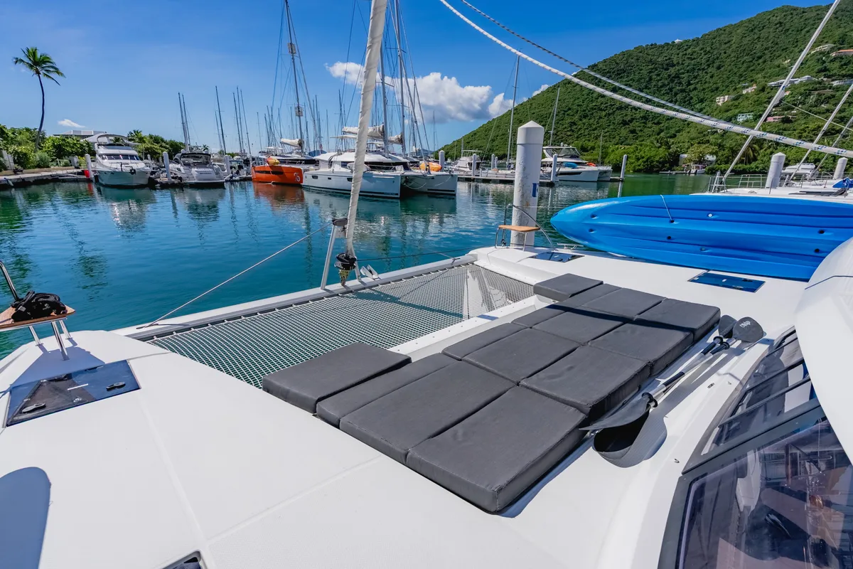 Deck of Pegasus, a Fountaine Pajot Astrea 42 catamaran at Road Town, British Virgin Islands