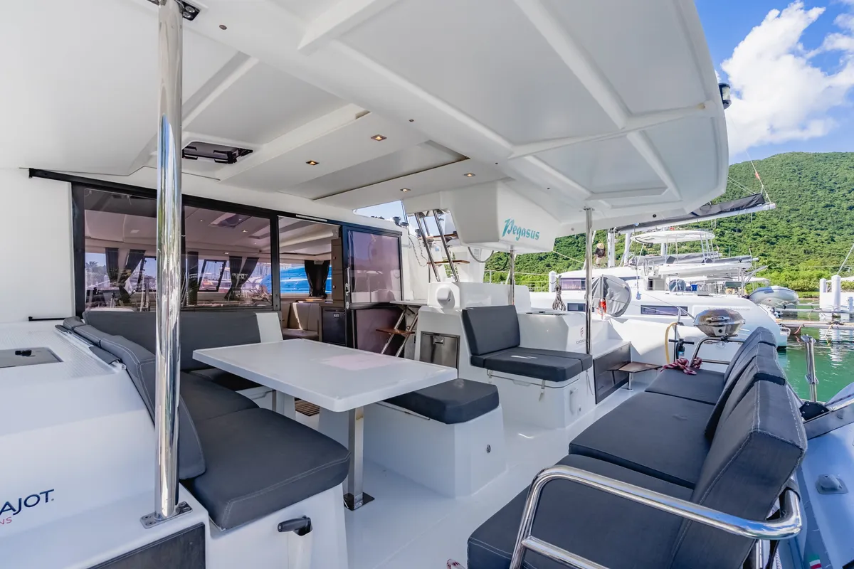 Deck of Pegasus, a Fountaine Pajot Astrea 42 catamaran at Road Town, British Virgin Islands