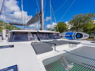 Deck of Pegasus, a Fountaine Pajot Astrea 42 catamaran at Road Town, British Virgin Islands