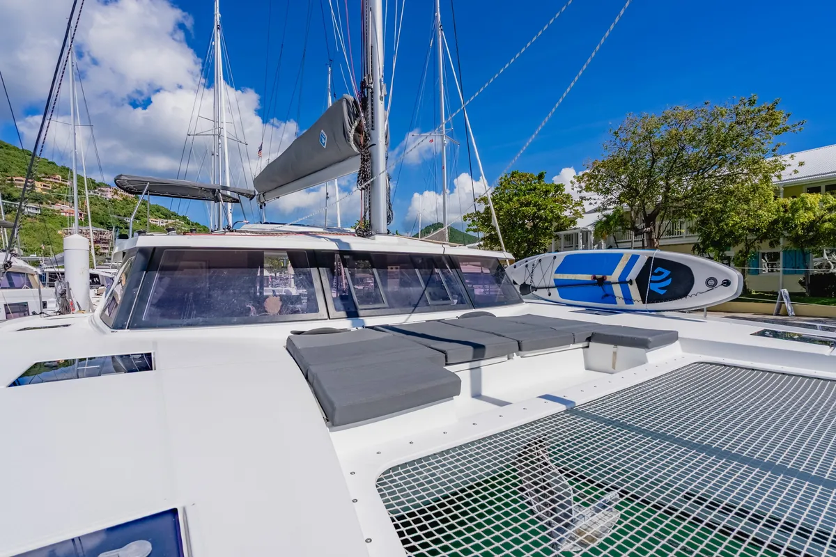 Deck of Pegasus, a Fountaine Pajot Astrea 42 catamaran at Road Town, British Virgin Islands