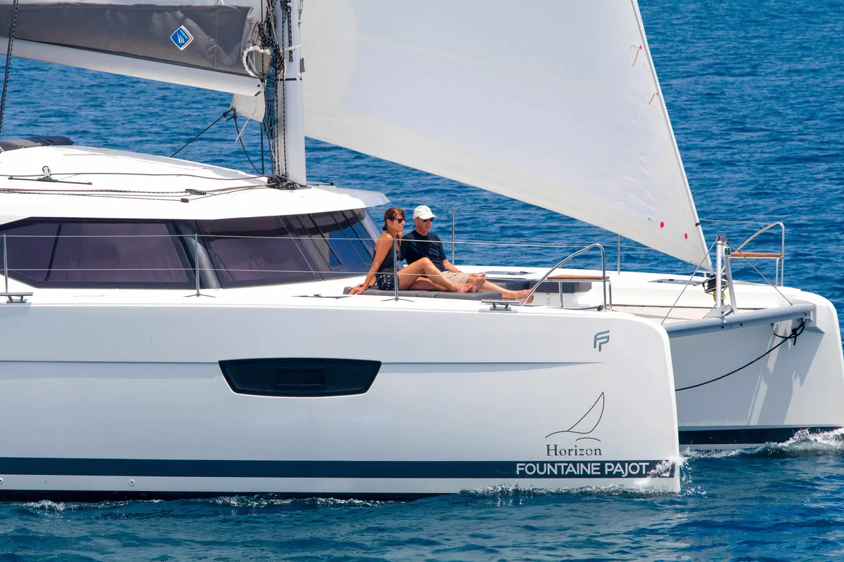 Exterior view of Pegasus, a Fountaine Pajot Astrea 42 catamaran at Road Town, British Virgin Islands