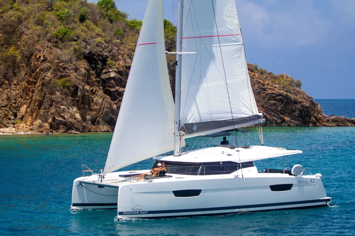 Exterior view of Pegasus, a Fountaine Pajot Astrea 42 catamaran at Road Town, British Virgin Islands