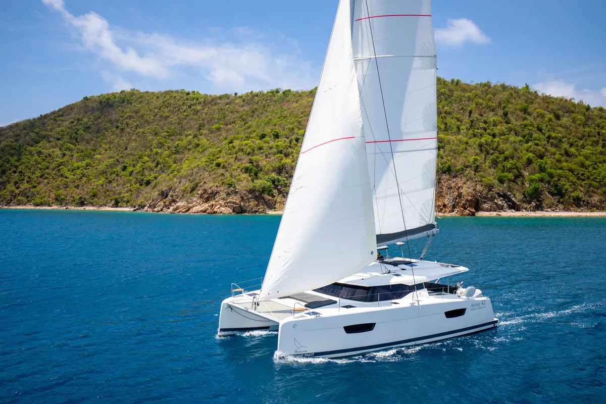Exterior view of Pegasus, a Fountaine Pajot Astrea 42 catamaran at Road Town, British Virgin Islands