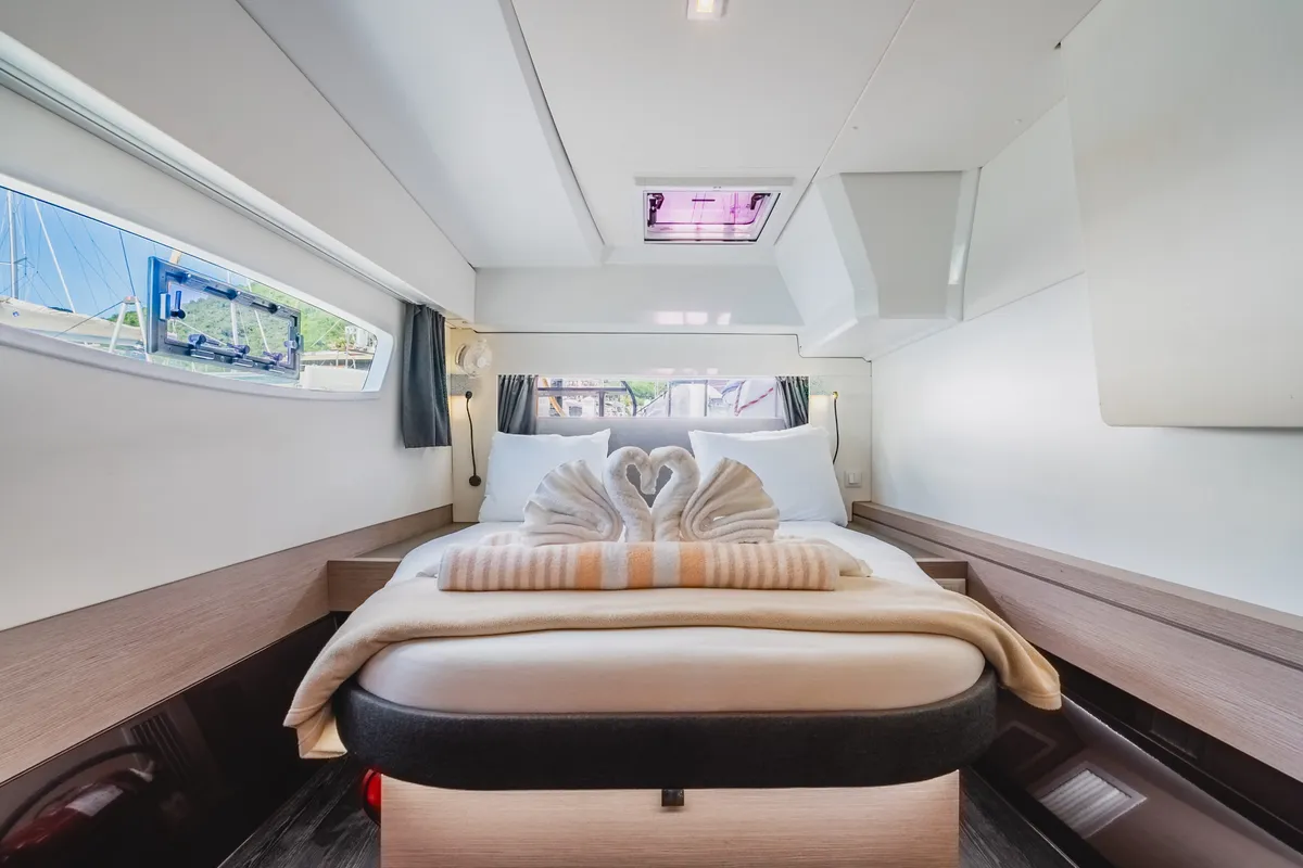 Cabin on Pegasus, a Fountaine Pajot Astrea 42 catamaran at Road Town, British Virgin Islands