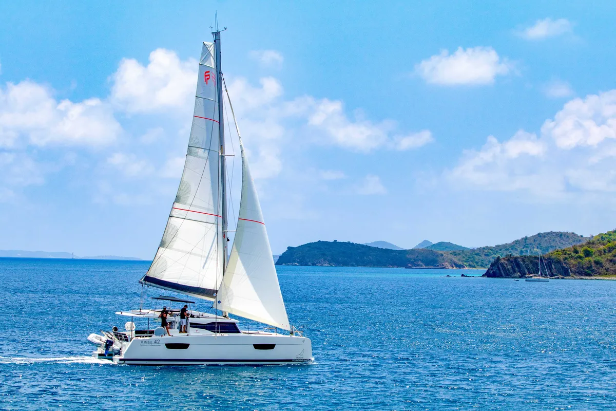 Exterior view of Pegasus, a Fountaine Pajot Astrea 42 catamaran at Road Town, British Virgin Islands