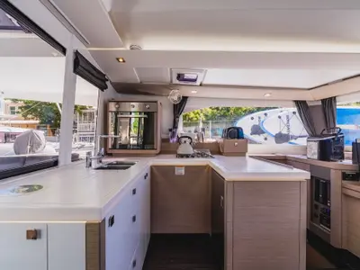 Galley of Pegasus, a Fountaine Pajot Astrea 42 catamaran at Road Town, British Virgin Islands