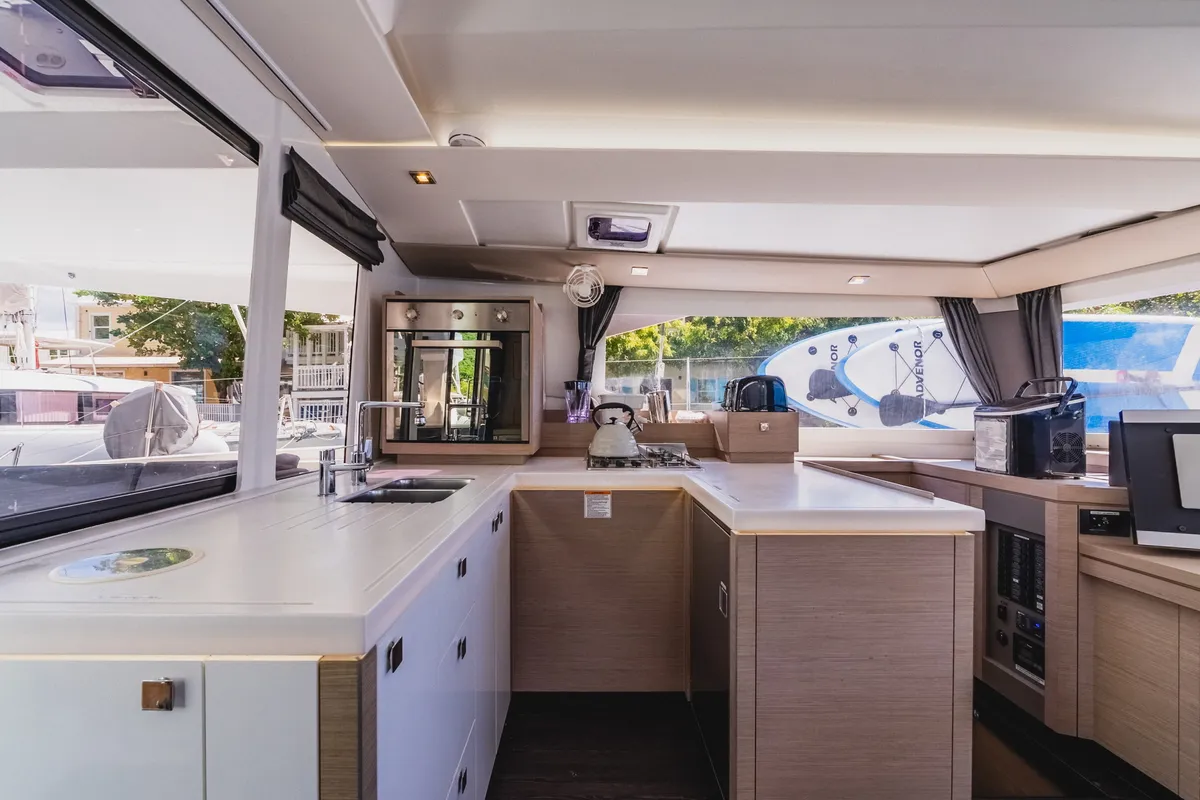 Galley of Pegasus, a Fountaine Pajot Astrea 42 catamaran at Road Town, British Virgin Islands