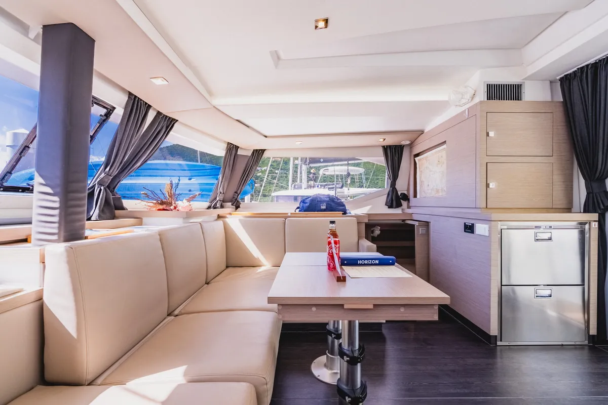 Salon of Pegasus, a Fountaine Pajot Astrea 42 catamaran at Road Town, British Virgin Islands