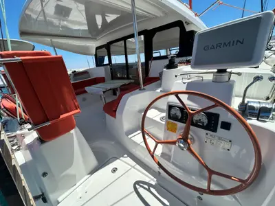 Cockpit of Eureka, a Excess 11 catamaran at Rhodes, Greece