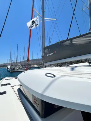 Deck of Eureka, a Excess 11 catamaran at Rhodes, Greece