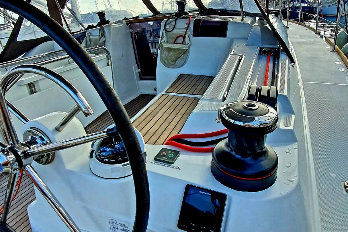 Cockpit of Kalli Zoi II, a Jeanneau Sun Odyssey 449 sailboat at Benitses, Greece