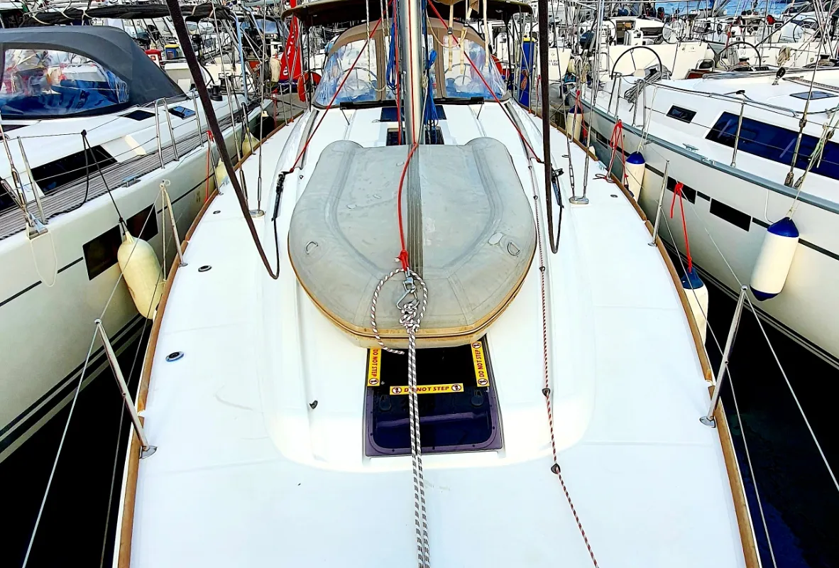 Deck of Kalli Zoi II, a Jeanneau Sun Odyssey 449 sailboat at Benitses, Greece