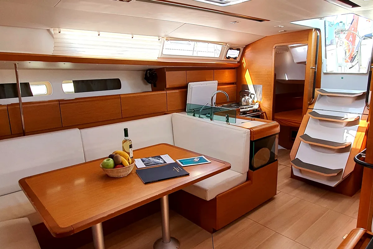 Salon of Kalli Zoi II, a Jeanneau Sun Odyssey 449 sailboat at Benitses, Greece