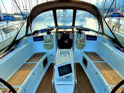 Cockpit of Kalli Zoi II, a Jeanneau Sun Odyssey 449 sailboat at Benitses, Greece