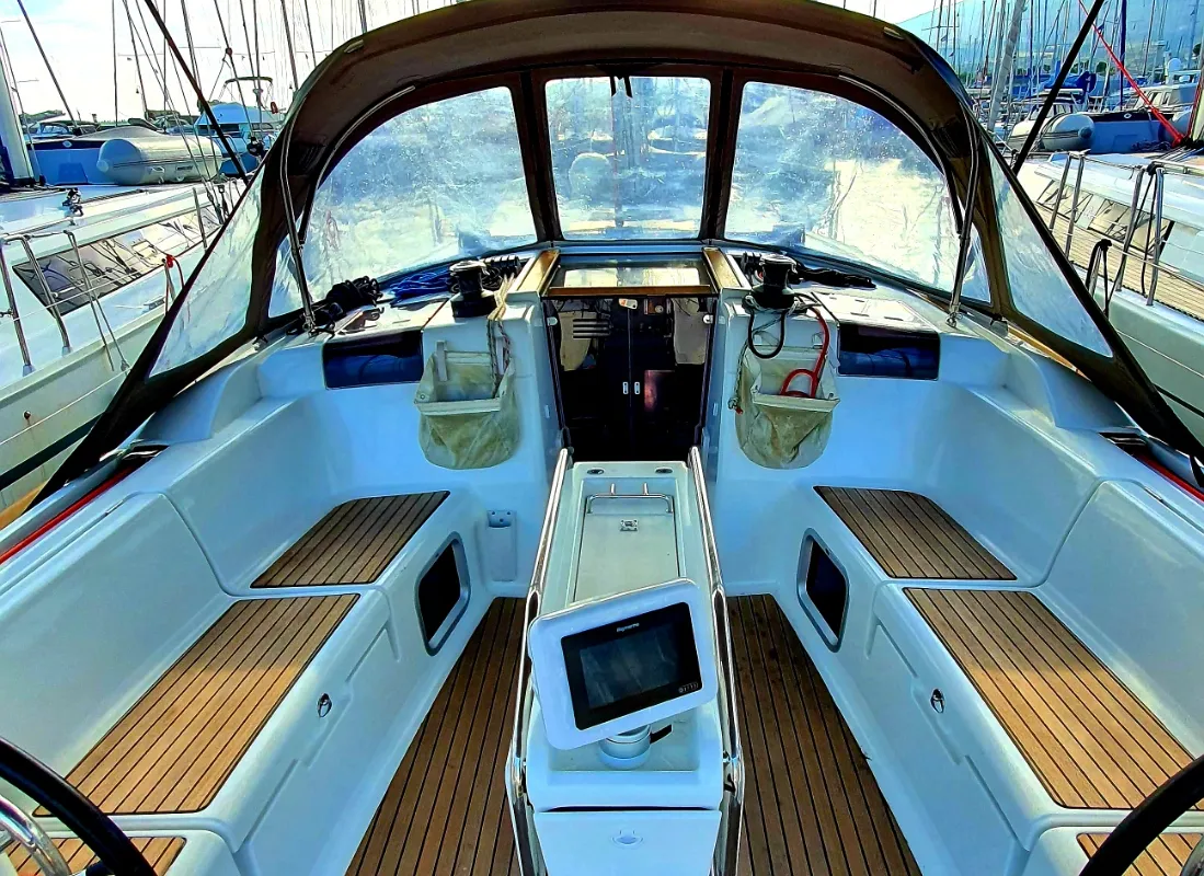 Cockpit of Kalli Zoi II, a Jeanneau Sun Odyssey 449 sailboat at Benitses, Greece