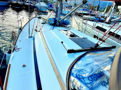 Deck of Kalli Zoi II, a Jeanneau Sun Odyssey 449 sailboat at Benitses, Greece