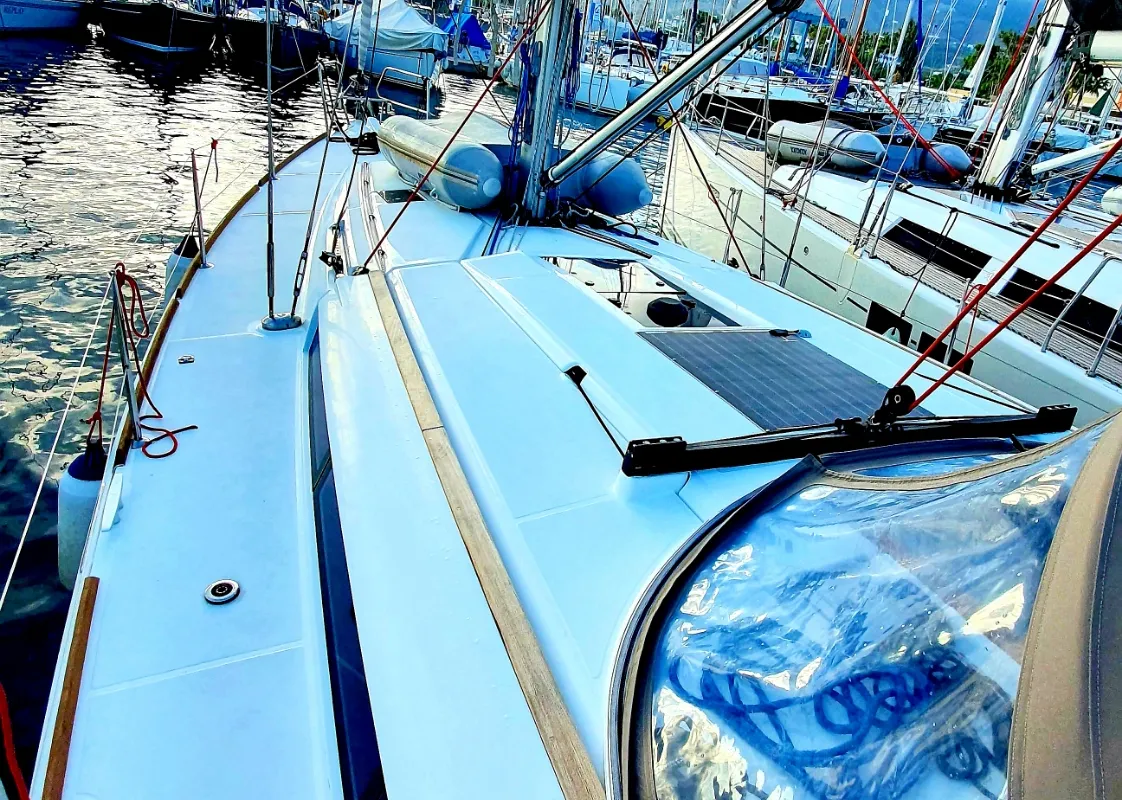 Deck of Kalli Zoi II, a Jeanneau Sun Odyssey 449 sailboat at Benitses, Greece