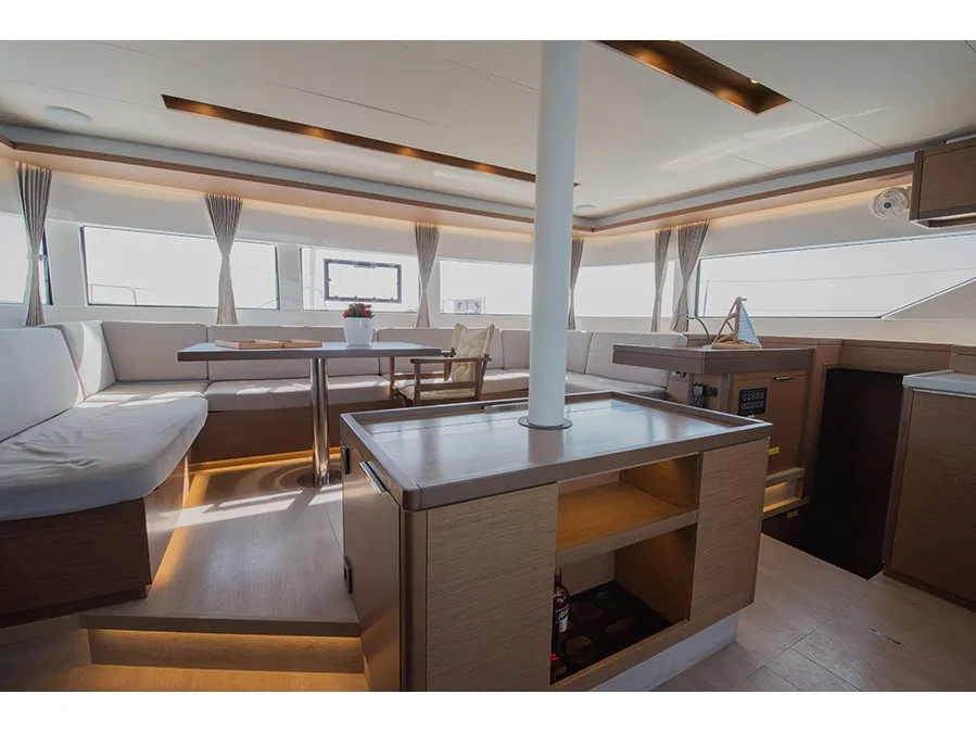 Salon of For Sail Too, a Lagoon 50 catamaran at Parikia, Greece