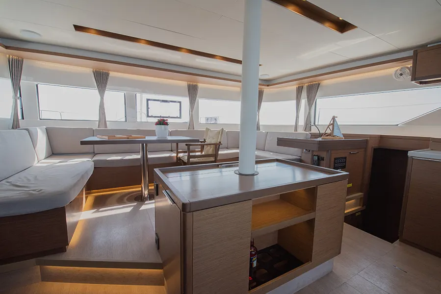 Salon of For Sail Too, a Lagoon 50 catamaran at Parikia, Greece