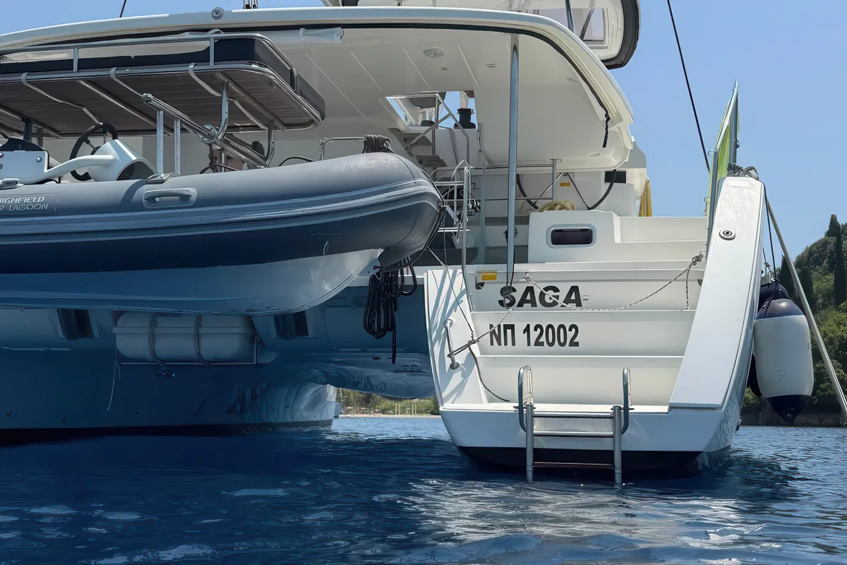 Exterior view of Saga, a Lagoon 450 Sport catamaran at Municipal Unit of Lefkada, Greece