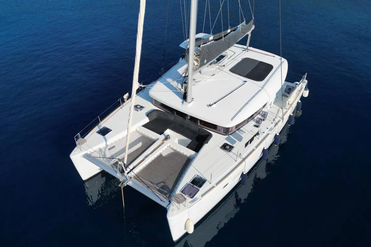 Exterior view of Saga, a Lagoon 450 Sport catamaran at Municipal Unit of Lefkada, Greece